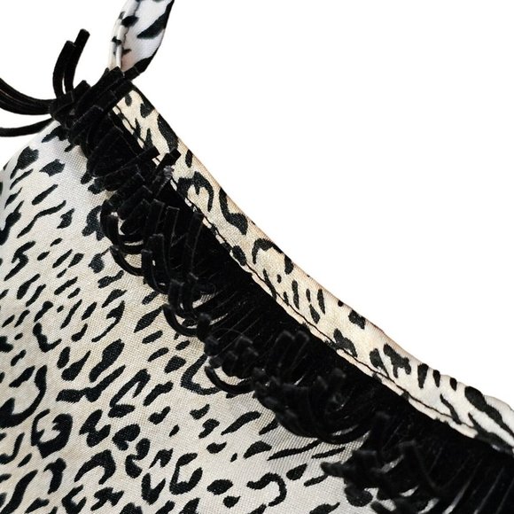 90s Medium Satin Leopard Print Cami‎ Tank Black Suede Fringe Cream Champagne - Picture 5 of 11